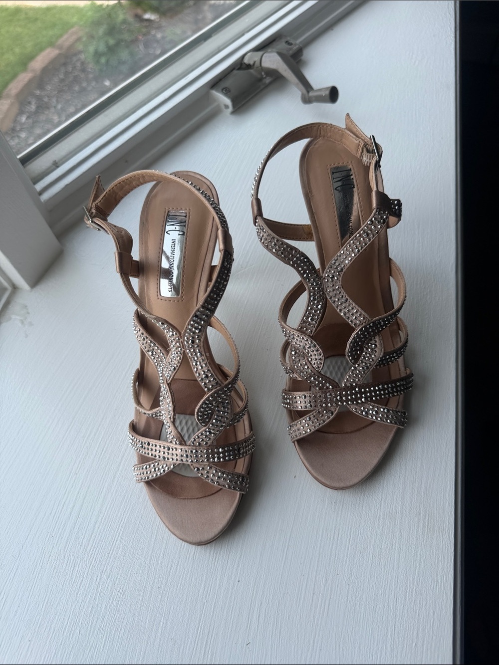 INC International Concepts Nude Rhinestone Strappy Heels